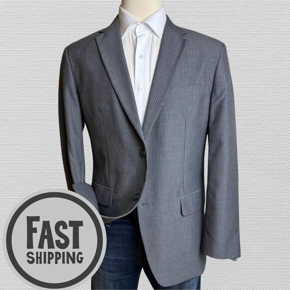 MERONA Mens Blazer Sport Coat Two Button Jacket 42R Gray Striped Suit Jacket - Picture 1 of 12
